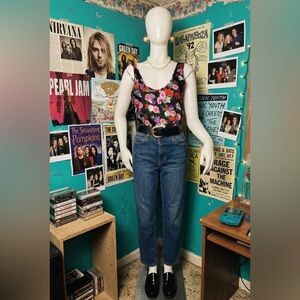 Floral Scoop Neck Tank Top in Black with Pink Floral Print